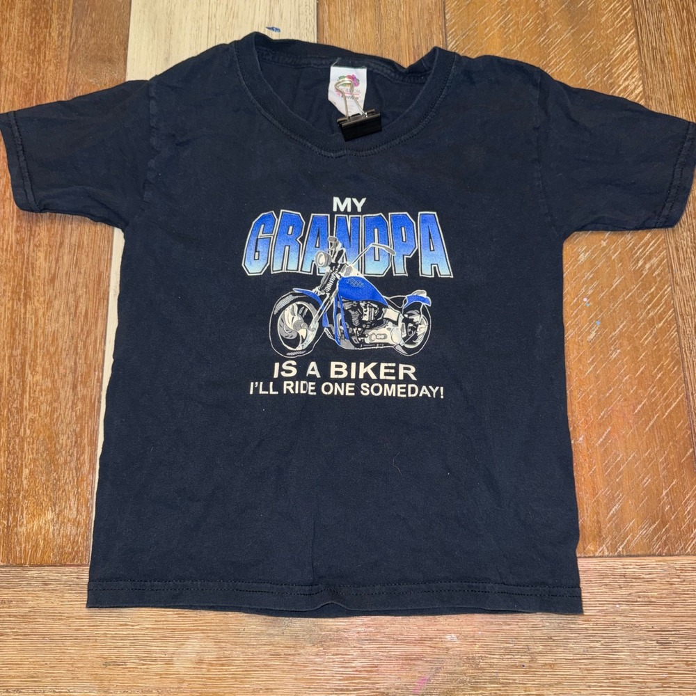 Fruit of the Loom Graphic Tee Kids XS Black Excellent Grandpa Is A Biker Eagle